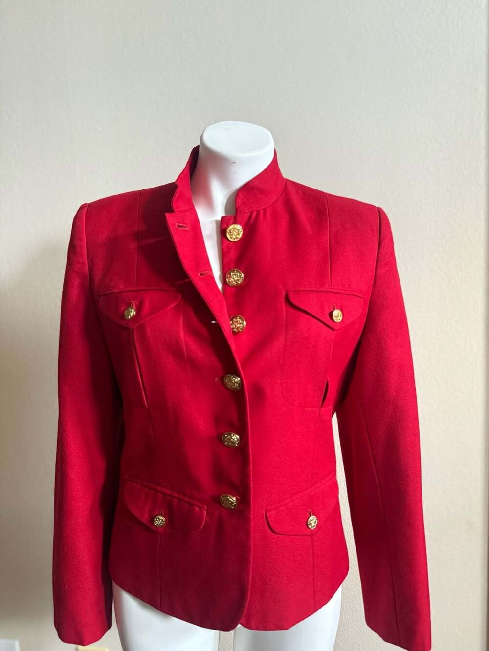 Neiman Marcus Vintage Red Military Style Blazer Jacket Size 8 Gold Buttons
